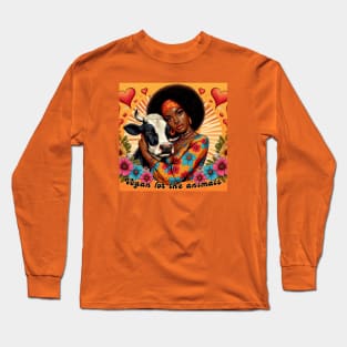 Black Vagan Woman and Cow Retro Long Sleeve T-Shirt